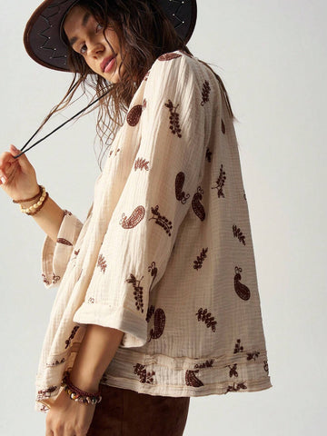 BohoFeels Women's Loose Fit Paisley Printed Notched V-Neck 3/4 Sleeve Vacation Shirt BohoFeels Women's Loose Fit Paisley Printed Notched V-Neck 3/4 Sleeve Vacation Shirt