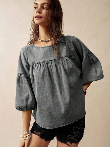 BohoFeels Women's Loose Green Vacation Theme Puff Sleeve Blouse BohoFeels Women's Loose Green Vacation Theme Puff Sleeve Blouse