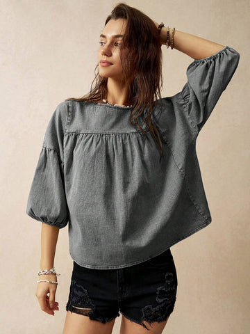 BohoFeels Women's Loose Green Vacation Theme Puff Sleeve Blouse BohoFeels Women's Loose Green Vacation Theme Puff Sleeve Blouse