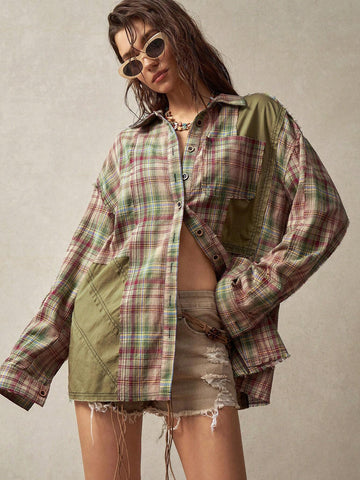 BohoFeels Women's Plaid Splice Vacation Shirt BohoFeels Women's Plaid Splice Vacation Shirt