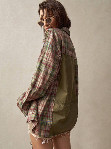 BohoFeels Women's Plaid Splice Vacation Shirt BohoFeels Women's Plaid Splice Vacation Shirt