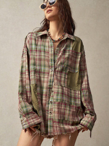 BohoFeels Women's Plaid Splice Vacation Shirt BohoFeels Women's Plaid Splice Vacation Shirt
