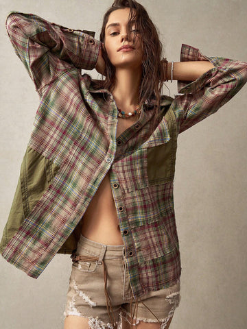 BohoFeels Women's Plaid Splice Vacation Shirt BohoFeels Women's Plaid Splice Vacation Shirt