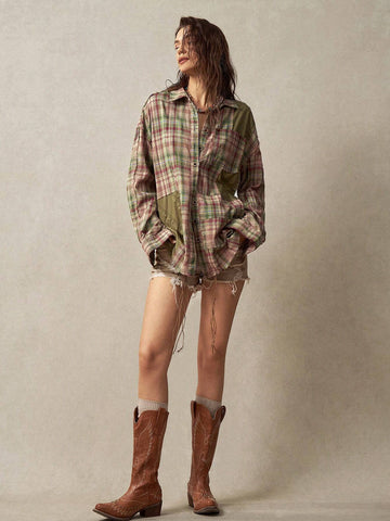 BohoFeels Women's Plaid Splice Vacation Shirt BohoFeels Women's Plaid Splice Vacation Shirt