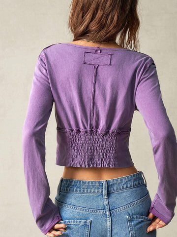 Women's Solid Color Fitted V-Neck Long Sleeve Knitted T-Shirt Women's Solid Color Fitted V-Neck Long Sleeve Knitted T-Shirt