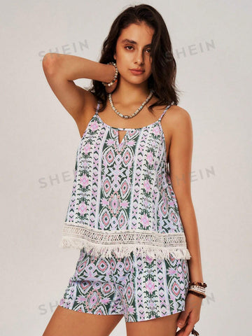 Women's Vacation Fringe Hem Cami Top And Shorts Set Women's Vacation Fringe Hem Cami Top And Shorts Set