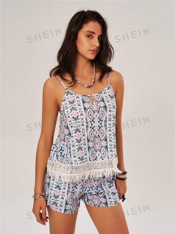 Women's Vacation Fringe Hem Cami Top And Shorts Set Women's Vacation Fringe Hem Cami Top And Shorts Set