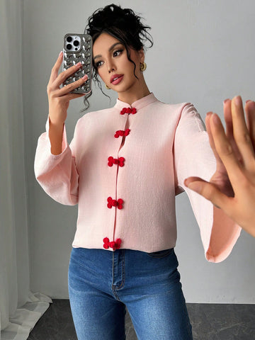 Women Stand Collar Long Sleeve Button Closure Chinese Style Blouse Women Stand Collar Long Sleeve Button Closure Chinese Style Blouse