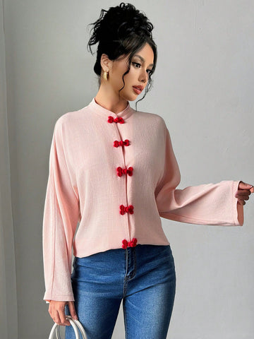 Women Stand Collar Long Sleeve Button Closure Chinese Style Blouse Women Stand Collar Long Sleeve Button Closure Chinese Style Blouse
