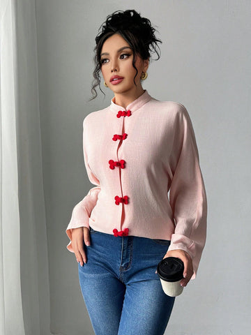 Women Stand Collar Long Sleeve Button Closure Chinese Style Blouse Women Stand Collar Long Sleeve Button Closure Chinese Style Blouse