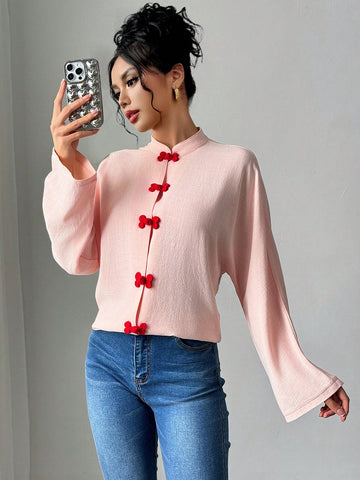 Women Stand Collar Long Sleeve Button Closure Chinese Style Blouse Women Stand Collar Long Sleeve Button Closure Chinese Style Blouse