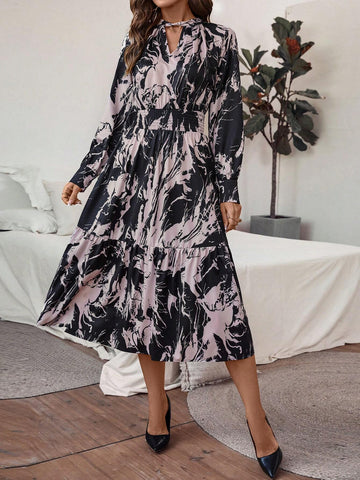 1pc All-Over Print Long Sleeve Dress With Ruffle Hem 1pc All-Over Print Long Sleeve Dress With Ruffle Hem