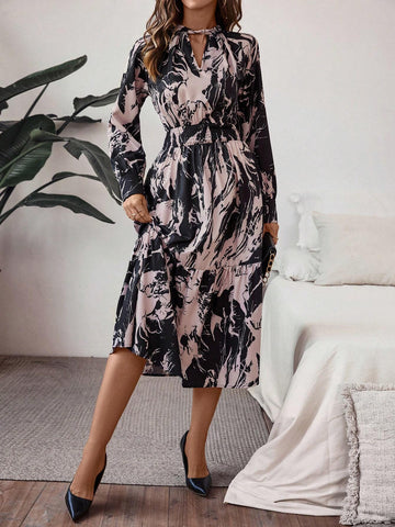 1pc All-Over Print Long Sleeve Dress With Ruffle Hem 1pc All-Over Print Long Sleeve Dress With Ruffle Hem