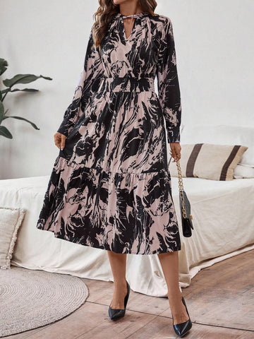 1pc All-Over Print Long Sleeve Dress With Ruffle Hem 1pc All-Over Print Long Sleeve Dress With Ruffle Hem