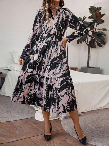 1pc All-Over Print Long Sleeve Dress With Ruffle Hem 1pc All-Over Print Long Sleeve Dress With Ruffle Hem