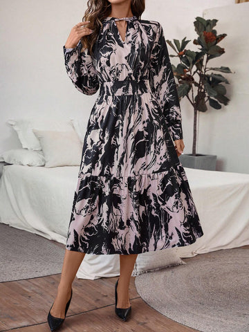 1pc All-Over Print Long Sleeve Dress With Ruffle Hem 1pc All-Over Print Long Sleeve Dress With Ruffle Hem
