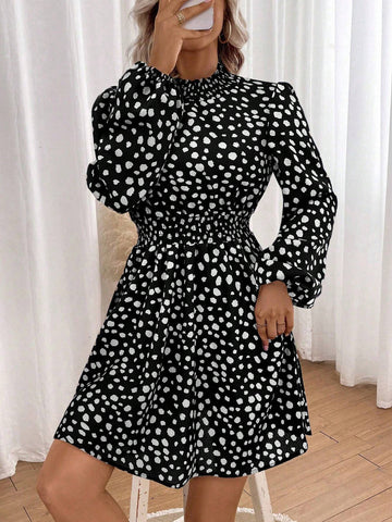1pc Casual Ruched Lantern Sleeve All-Over Print Long Sleeve Dress, Autumn 1pc Casual Ruched Lantern Sleeve All-Over Print Long Sleeve Dress, Autumn