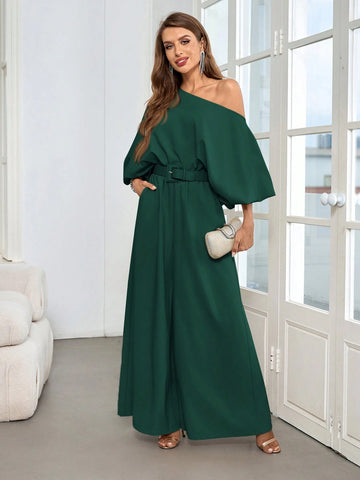 2pcs Women Elegant Off-Shoulder Blouson Sleeve Wide-Leg Pants Set 2pcs Women Elegant Off-Shoulder Blouson Sleeve Wide-Leg Pants Set