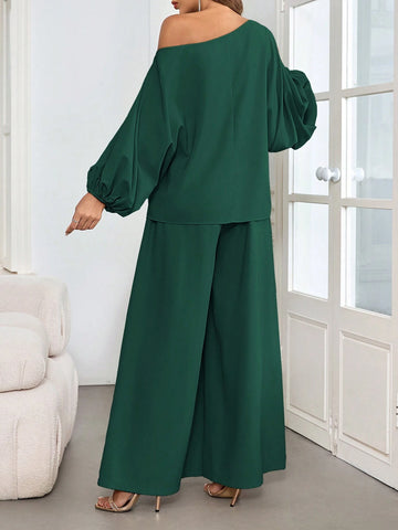 2pcs Women Elegant Off-Shoulder Blouson Sleeve Wide-Leg Pants Set 2pcs Women Elegant Off-Shoulder Blouson Sleeve Wide-Leg Pants Set