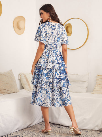 Butterfly Sleeve Layered Hem Floral Dress Butterfly Sleeve Layered Hem Floral Dress