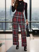 Elegant Women In Winter Vintage Multi Colored Plaid Suspender Straight Leg Pants With Button Decoration