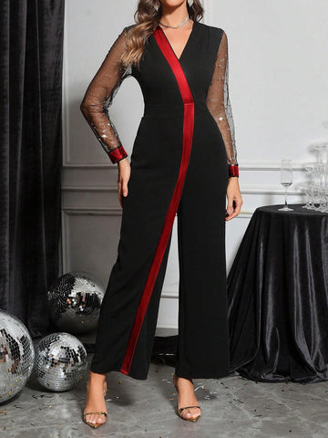 Gold Sequin Trim V-Neck Long Sleeve Jumpsuit For Women,Gold Dress Gold Sequin Trim V-Neck Long Sleeve Jumpsuit For Women,Gold Dress