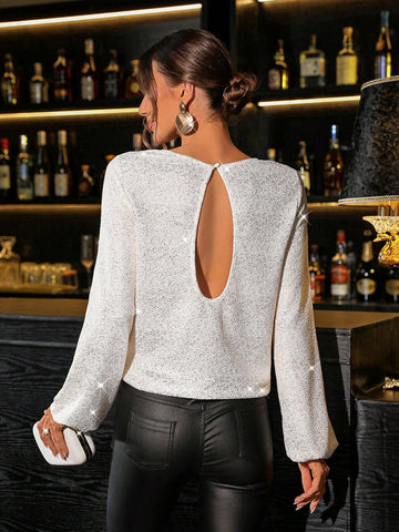 Clasi Oversized Glitter Long Sleeve Crew Neck Casual Top With Side Split, Fashionable For Party, Clasi Oversized Glitter Long Sleeve Crew Neck Casual Top With Side Split, Fashionable For Party,