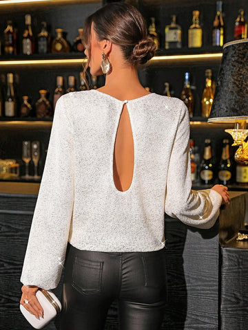 Clasi Oversized Glitter Long Sleeve Crew Neck Casual Top With Side Split, Fashionable For Party, Clasi Oversized Glitter Long Sleeve Crew Neck Casual Top With Side Split, Fashionable For Party,