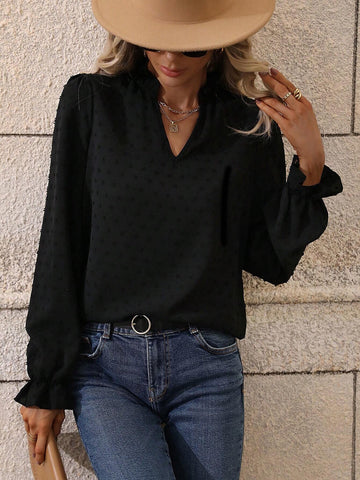 Clasi Vacation Casual Plain Texture Keyhole Neckline Blouse Clasi Vacation Casual Plain Texture Keyhole Neckline Blouse