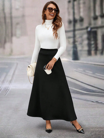Clasi Women Elegant Black Wool Lining Loose Versatile Warm Long Skirt Clasi Women Elegant Black Wool Lining Loose Versatile Warm Long Skirt