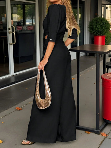 Women V-Neck Hollow Out Elegant Commuter Short Sleeve Jumpsuit Women V-Neck Hollow Out Elegant Commuter Short Sleeve Jumpsuit