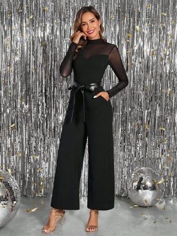 Women's Autumn/Winter Mesh Patchwork Heart-Neck Pocketed Wide-Leg Jumpsuit, Black, Suitable For Commuting, Going Out, Party (Comes With PU Belt) Business Casual Woman New Years Women Outfit Jumpsuits For Woman Elegant Women's Autumn/Winter Mesh Patchwork Heart-Neck Pocketed Wide-Leg Jumpsuit, Black, Suitable For Commuting, Going Out, Party (Comes With PU Belt) Business Casual Woman New Years Women Outfit Jumpsuits For Woman Elegant