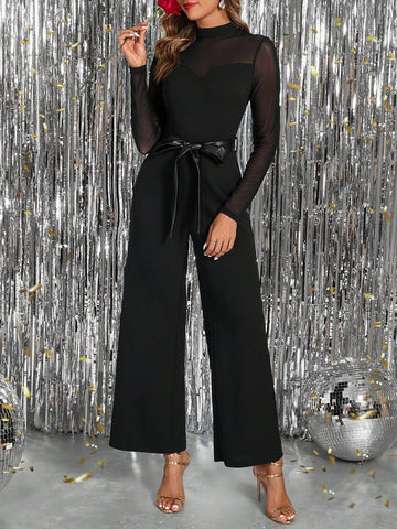 Women's Autumn/Winter Mesh Patchwork Heart-Neck Pocketed Wide-Leg Jumpsuit, Black, Suitable For Commuting, Going Out, Party (Comes With PU Belt) Business Casual Woman New Years Women Outfit Jumpsuits For Woman Elegant Women's Autumn/Winter Mesh Patchwork Heart-Neck Pocketed Wide-Leg Jumpsuit, Black, Suitable For Commuting, Going Out, Party (Comes With PU Belt) Business Casual Woman New Years Women Outfit Jumpsuits For Woman Elegant