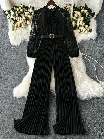 Women's Deep V Neck Lace Patchwork Lantern Sleeve Belted Pleated Wide Leg Jumpsuit Women's Deep V Neck Lace Patchwork Lantern Sleeve Belted Pleated Wide Leg Jumpsuit