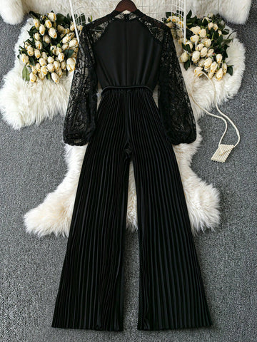 Women's Deep V Neck Lace Patchwork Lantern Sleeve Belted Pleated Wide Leg Jumpsuit Women's Deep V Neck Lace Patchwork Lantern Sleeve Belted Pleated Wide Leg Jumpsuit