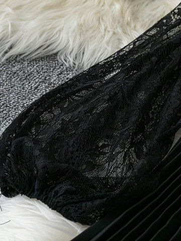 Women's Deep V Neck Lace Patchwork Lantern Sleeve Belted Pleated Wide Leg Jumpsuit Women's Deep V Neck Lace Patchwork Lantern Sleeve Belted Pleated Wide Leg Jumpsuit