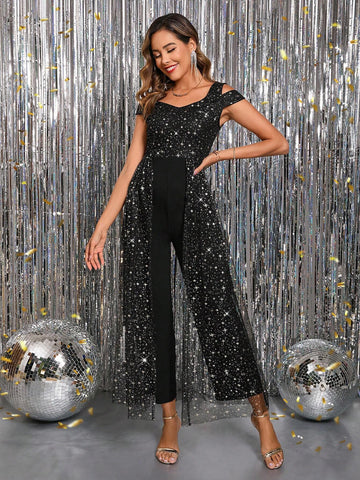 Women's Elegant V-Neck Open Shoulder Rhinestone Embellished Flowy Mesh Jumpsuit Women's Elegant V-Neck Open Shoulder Rhinestone Embellished Flowy Mesh Jumpsuit