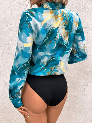 Women's Fashion Tie-Dye Patchwork Bodysuit, Autumn Women's Fashion Tie-Dye Patchwork Bodysuit, Autumn