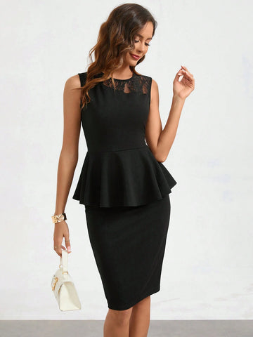 Women's Patchwork Lace Ruffle Hem Sleeveless Top And Skirt Set Women's Patchwork Lace Ruffle Hem Sleeveless Top And Skirt Set