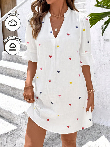 Women's V-Neck Ruffle Trim Texture Heart Print Elegant Daily Holiday Casual Short Dress For Women's V-Neck Ruffle Trim Texture Heart Print Elegant Daily Holiday Casual Short Dress For