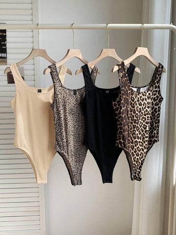 Comfortcana 4pcs/Set Leopard & Solid Black/White Color Mixing Versatile Casual Socks, Suitable For Spring & Summer Comfortcana 4pcs/Set Leopard & Solid Black/White Color Mixing Versatile Casual Socks, Suitable For Spring & Summer