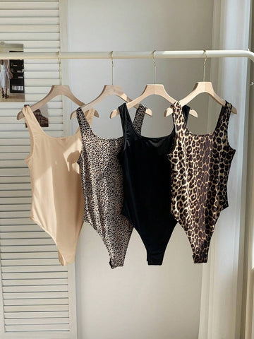 Comfortcana 4pcs/Set Leopard & Solid Black/White Color Mixing Versatile Casual Socks, Suitable For Spring & Summer Comfortcana 4pcs/Set Leopard & Solid Black/White Color Mixing Versatile Casual Socks, Suitable For Spring & Summer