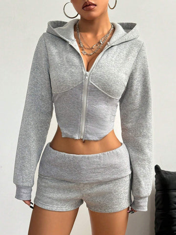 2pcs Women Solid Color Hooded Sweatshirt And Shorts Set 2pcs Women Solid Color Hooded Sweatshirt And Shorts Set