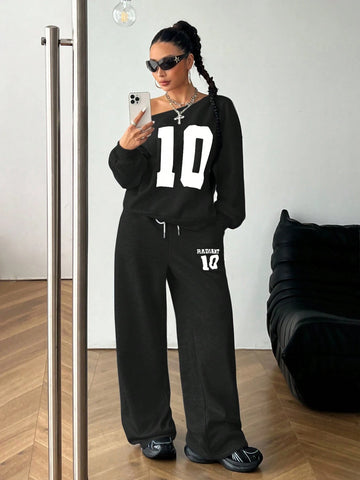 Girls Winter Y2K Preppy Daily Wear Number Printed Keep Warm Asymmetrical Neck Long Sleeve Sweatshirt And White Elastic Waistband Wide Leg Sweatpants Girls Winter Y2K Preppy Daily Wear Number Printed Keep Warm Asymmetrical Neck Long Sleeve Sweatshirt And White Elastic Waistband Wide Leg Sweatpants