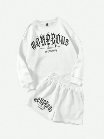 Leisure Simple Letter Printed Round Neck Long Sleeve Loose Sweatshirt And Shorts Set, Suitable For Spring And Autumn Seasons Leisure Simple Letter Printed Round Neck Long Sleeve Loose Sweatshirt And Shorts Set, Suitable For Spring And Autumn Seasons