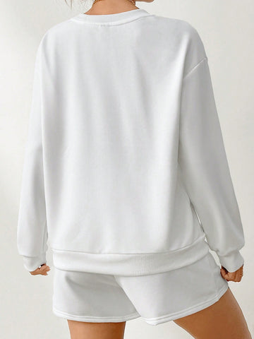 Leisure Simple Letter Printed Round Neck Long Sleeve Loose Sweatshirt And Shorts Set, Suitable For Spring And Autumn Seasons Leisure Simple Letter Printed Round Neck Long Sleeve Loose Sweatshirt And Shorts Set, Suitable For Spring And Autumn Seasons