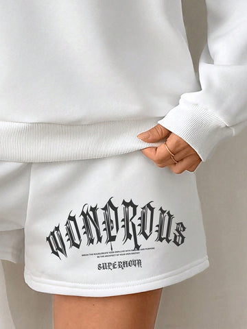 Leisure Simple Letter Printed Round Neck Long Sleeve Loose Sweatshirt And Shorts Set, Suitable For Spring And Autumn Seasons Leisure Simple Letter Printed Round Neck Long Sleeve Loose Sweatshirt And Shorts Set, Suitable For Spring And Autumn Seasons