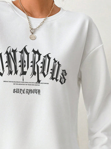 Leisure Simple Letter Printed Round Neck Long Sleeve Loose Sweatshirt And Shorts Set, Suitable For Spring And Autumn Seasons Leisure Simple Letter Printed Round Neck Long Sleeve Loose Sweatshirt And Shorts Set, Suitable For Spring And Autumn Seasons