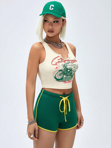 Letter & Motorcycle Print Vest And Shorts Set For Women Letter & Motorcycle Print Vest And Shorts Set For Women