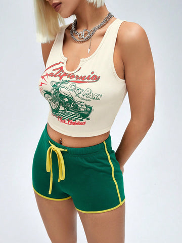 Letter & Motorcycle Print Vest And Shorts Set For Women Letter & Motorcycle Print Vest And Shorts Set For Women